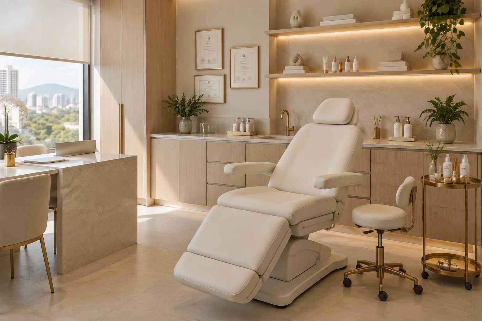 Ambiente sofisticado de uma clínica de estética preparada para receber pacientes