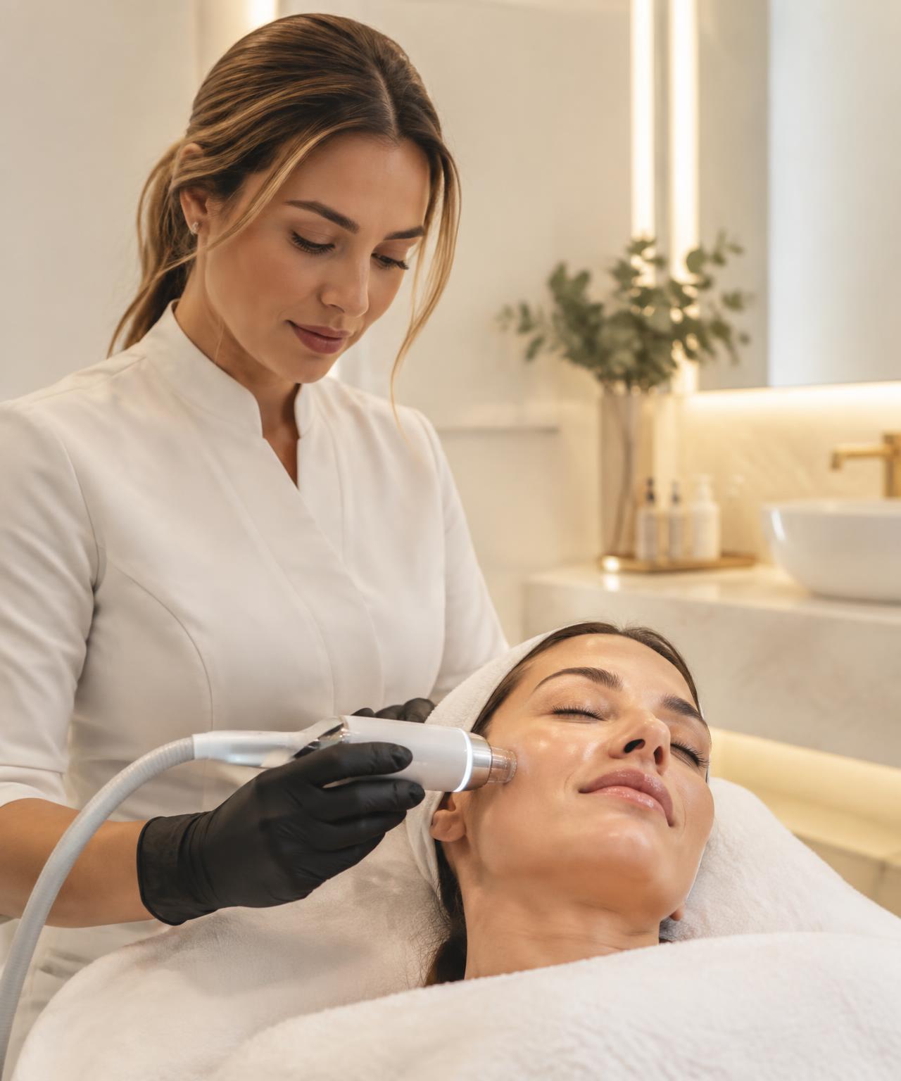Profissional realizando procedimento facial em uma clínica de estética